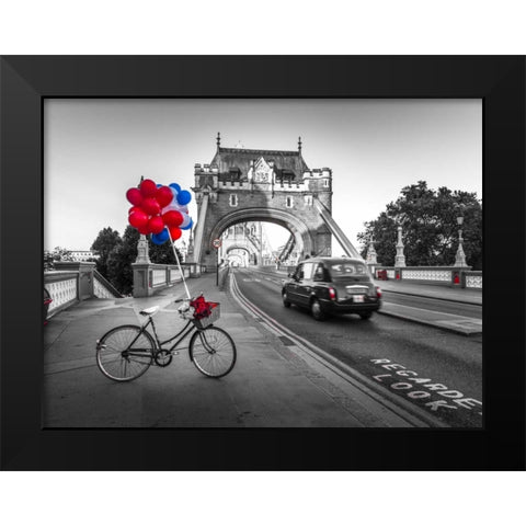 Colorful balloons and bunch of roses on a bicycle at Tower bridge, London, UK Black Modern Wood Framed Art Print by Frank, Assaf