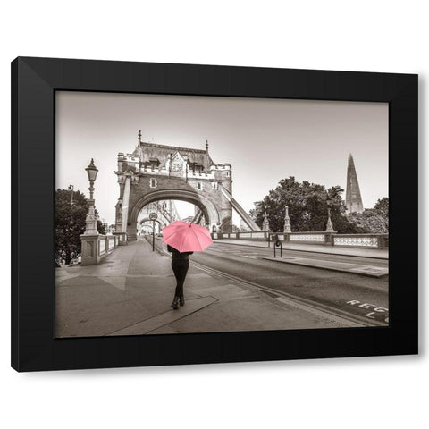 Lady with a pink umbrella, Tower bridge, London Black Modern Wood Framed Art Print with Double Matting by Frank, Assaf
