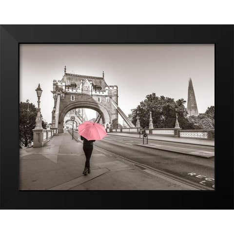 Lady with a pink umbrella, Tower bridge, London Black Modern Wood Framed Art Print by Frank, Assaf