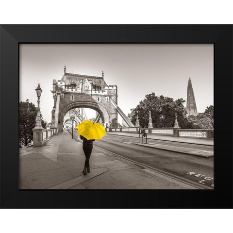 Lady with a yellow umbrella, Tower bridge, London Black Modern Wood Framed Art Print by Frank, Assaf