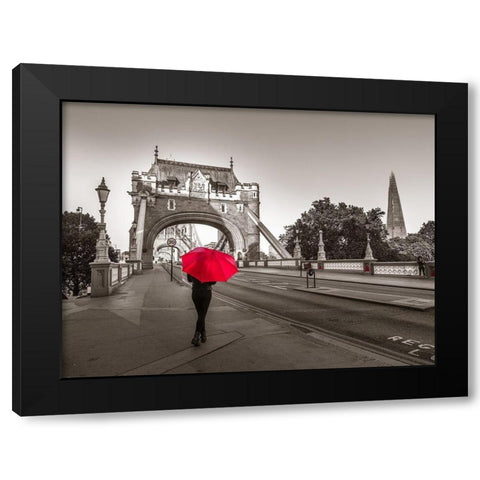 Tourist with umbrella on Tower Bridge, London, UK Black Modern Wood Framed Art Print with Double Matting by Frank, Assaf