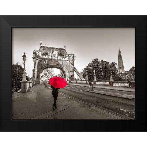 Tourist with umbrella on Tower Bridge, London, UK Black Modern Wood Framed Art Print by Frank, Assaf