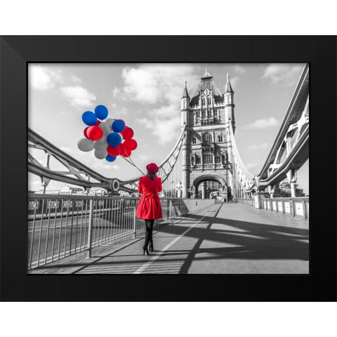 Tourist with colorful balloons on Tower Bridge, London, UK Black Modern Wood Framed Art Print by Frank, Assaf