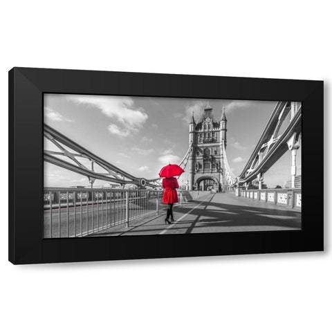 Tourist with red umbrella on Tower Bridge, London, UK Black Modern Wood Framed Art Print with Double Matting by Frank, Assaf