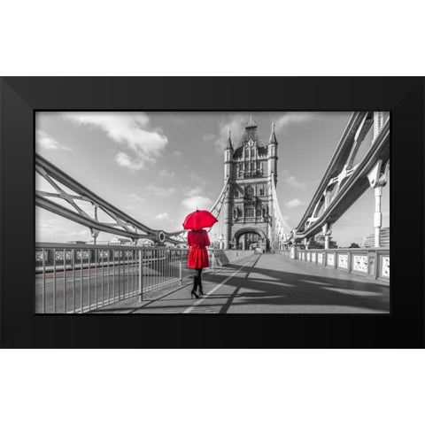 Tourist with red umbrella on Tower Bridge, London, UK Black Modern Wood Framed Art Print by Frank, Assaf