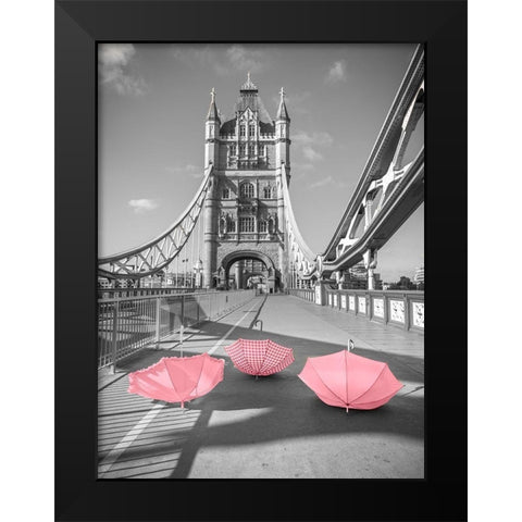 Pink umbrellas, Tower bridge, London Black Modern Wood Framed Art Print by Frank, Assaf