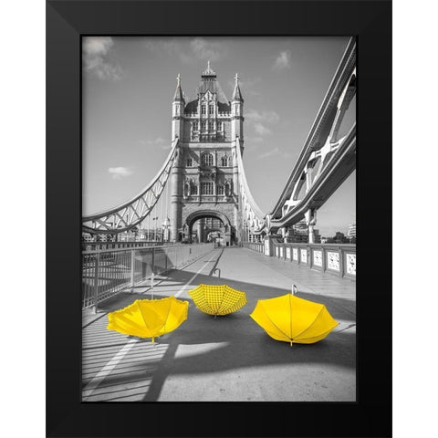 Yellow umbrellas, Tower bridge, London Black Modern Wood Framed Art Print by Frank, Assaf