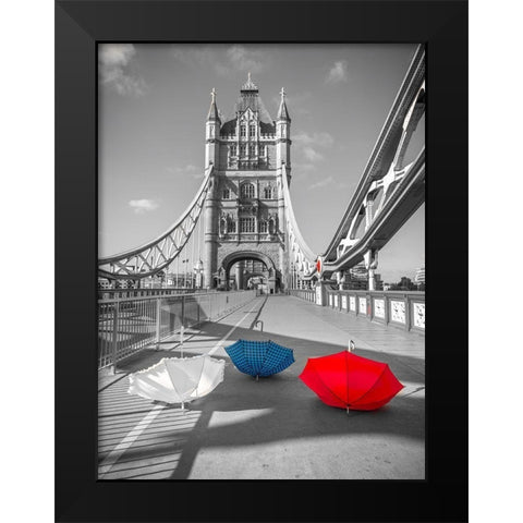 Colorful umbrellas on Tower bridge, London, UK Black Modern Wood Framed Art Print by Frank, Assaf