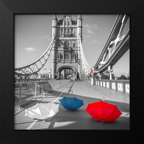 Colorful umbrellas on Tower bridge, London, UK Black Modern Wood Framed Art Print by Frank, Assaf