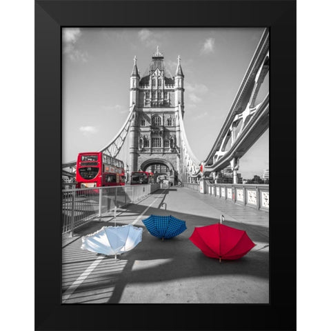 Colorful umbrellas on Tower bridge, London, UK Black Modern Wood Framed Art Print by Frank, Assaf