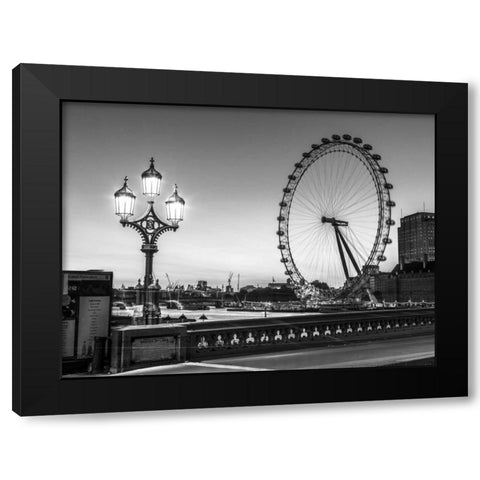 Street lamp on Westminster Bridge with London Eye in background, London, UK Black Modern Wood Framed Art Print with Double Matting by Frank, Assaf