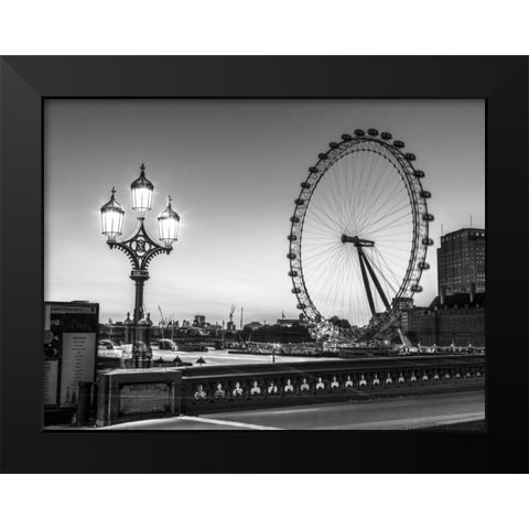 Street lamp on Westminster Bridge with London Eye in background, London, UK Black Modern Wood Framed Art Print by Frank, Assaf