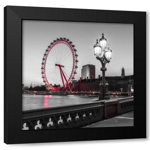 Street lamp on Westminster Bridge with London Eye in background, London, UK Black Modern Wood Framed Art Print with Double Matting by Frank, Assaf