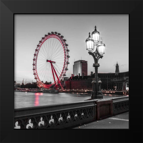 Street lamp on Westminster Bridge with London Eye in background, London, UK Black Modern Wood Framed Art Print by Frank, Assaf