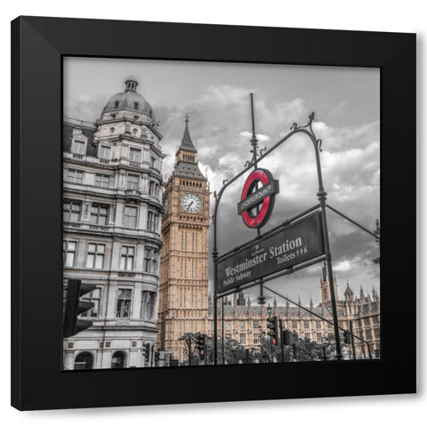 Westminster subway station signboard with Big Ben, London, UK, FTBR-1918 Black Modern Wood Framed Art Print with Double Matting by Frank, Assaf