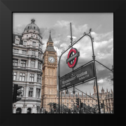 Westminster subway station signboard with Big Ben, London, UK, FTBR-1918 Black Modern Wood Framed Art Print by Frank, Assaf
