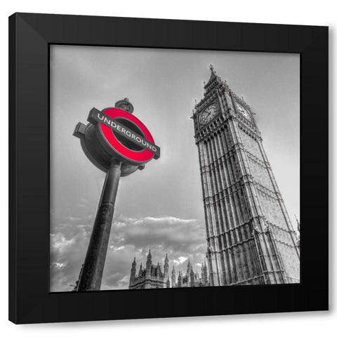 Underground sign with Big Ben, London, UK, FTBR-1810 Black Modern Wood Framed Art Print with Double Matting by Frank, Assaf