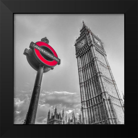 Underground sign with Big Ben, London, UK, FTBR-1810 Black Modern Wood Framed Art Print by Frank, Assaf