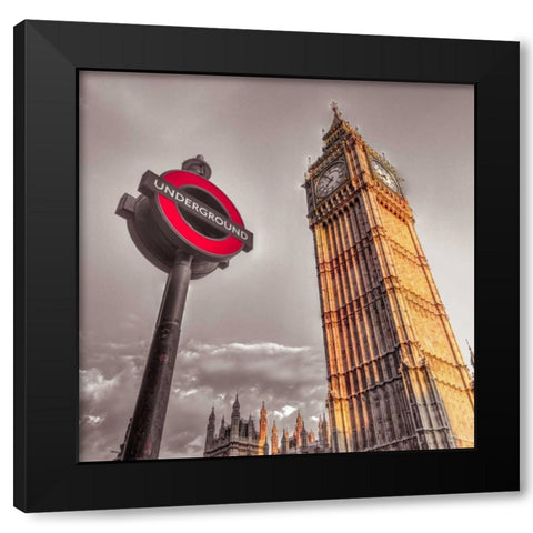 Underground sign with Big Ben, London, UK, FTBR-1906 Black Modern Wood Framed Art Print with Double Matting by Frank, Assaf