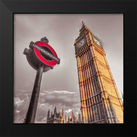 Underground sign with Big Ben, London, UK, FTBR-1906 Black Modern Wood Framed Art Print by Frank, Assaf