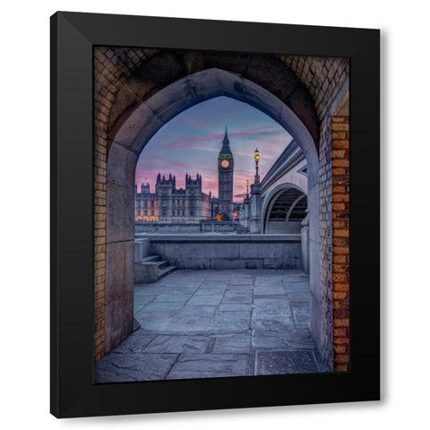 View of Westminster Abby and Big Ben from Thames promenade arch, London, UK Black Modern Wood Framed Art Print with Double Matting by Frank, Assaf