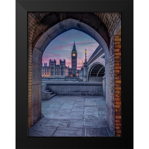 View of Westminster Abby and Big Ben from Thames promenade arch, London, UK Black Modern Wood Framed Art Print by Frank, Assaf