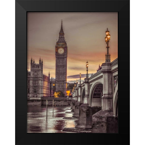 Westminster bridge and Big Ben from Thames promenade, London, UK, FTBR-1826 Black Modern Wood Framed Art Print by Frank, Assaf