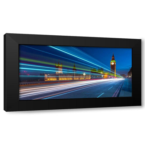 Westminster Abby and Big Ben with strip lights, London, UK Black Modern Wood Framed Art Print with Double Matting by Frank, Assaf