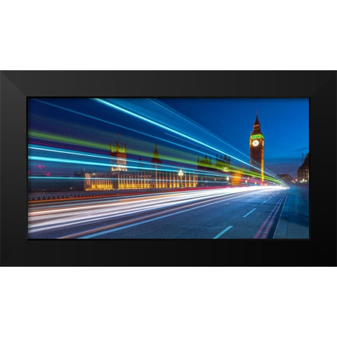 Westminster Abby and Big Ben with strip lights, London, UK Black Modern Wood Framed Art Print by Frank, Assaf