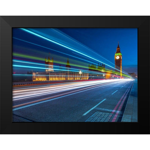 Westminster Abby and Big Ben with strip lights, London, UK Black Modern Wood Framed Art Print by Frank, Assaf