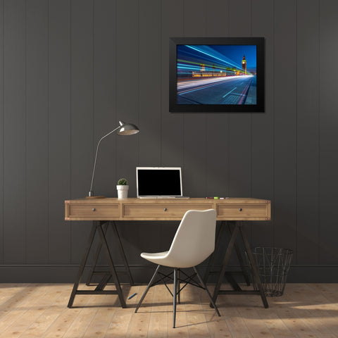Westminster Abby and Big Ben with strip lights, London, UK Black Modern Wood Framed Art Print by Frank, Assaf