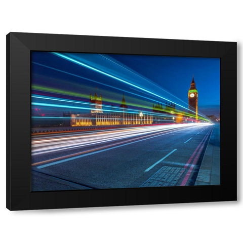 Westminster Abby and Big Ben with strip lights, London, UK Black Modern Wood Framed Art Print with Double Matting by Frank, Assaf