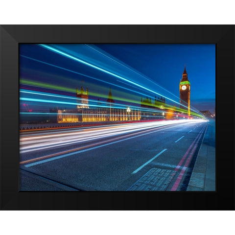 Westminster Abby and Big Ben with strip lights, London, UK Black Modern Wood Framed Art Print by Frank, Assaf