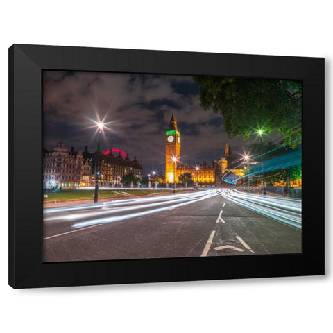 Westminster Abby and Big Ben with strip lights, London, UK Black Modern Wood Framed Art Print with Double Matting by Frank, Assaf
