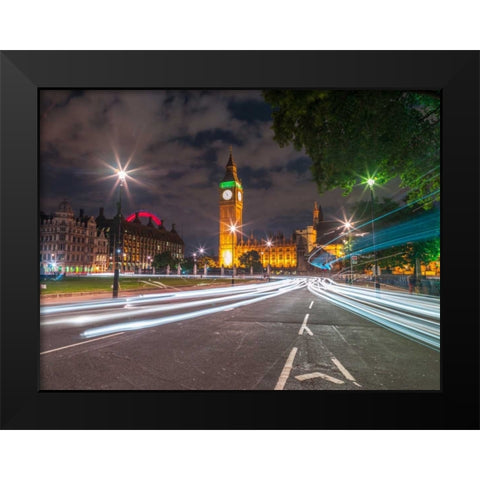 Westminster Abby and Big Ben with strip lights, London, UK Black Modern Wood Framed Art Print by Frank, Assaf