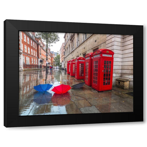 Telephone boxes with umbrellas Black Modern Wood Framed Art Print by Frank, Assaf
