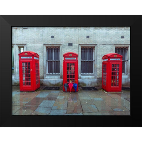 Telephone boxes with umbrellas Black Modern Wood Framed Art Print by Frank, Assaf