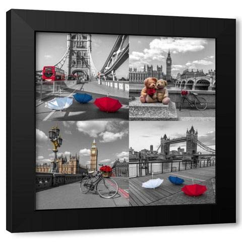 Collage of famous places in London city, UK Black Modern Wood Framed Art Print with Double Matting by Frank, Assaf
