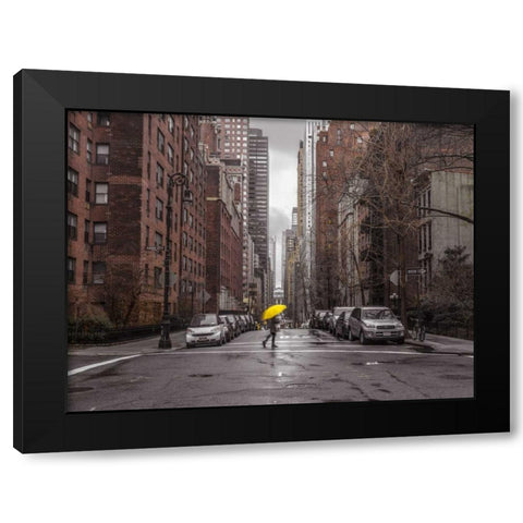 Tourist with yellow umbrella on street of Manhattan, New York Black Modern Wood Framed Art Print with Double Matting by Frank, Assaf