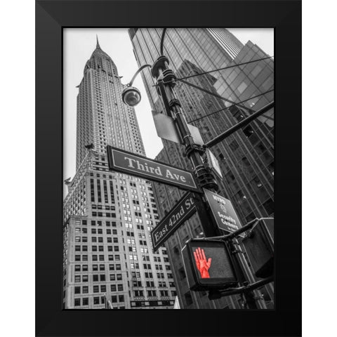 Street sign boards and Chrysler Building in New York city Black Modern Wood Framed Art Print by Frank, Assaf