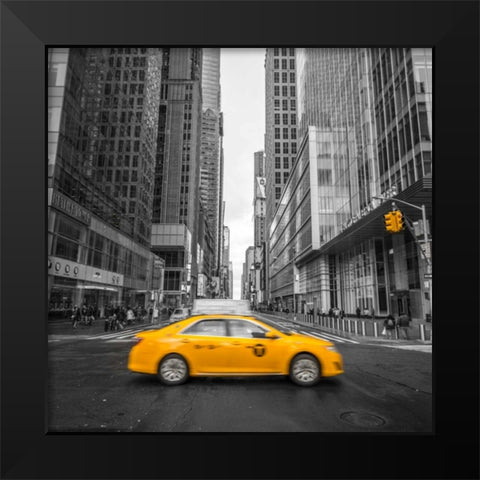 Cab on New York city street Black Modern Wood Framed Art Print by Frank, Assaf