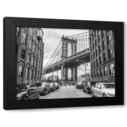 Manhattan bridge from a street-New York Black Modern Wood Framed Art Print with Double Matting by Frank, Assaf