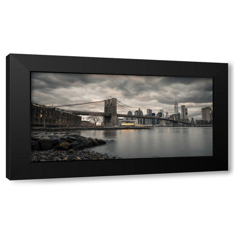 Brooklyn Bridge over East river, New York Black Modern Wood Framed Art Print with Double Matting by Frank, Assaf