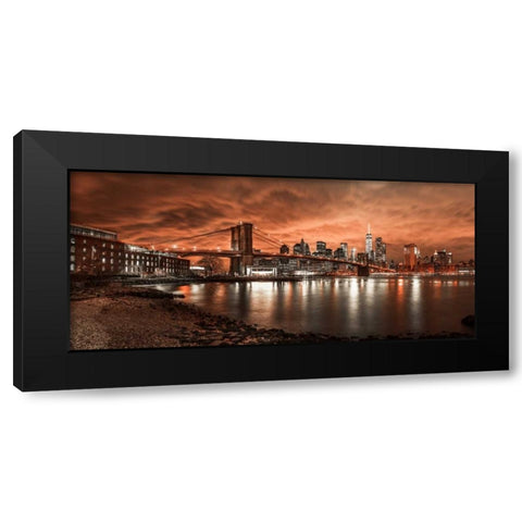 Brooklyn Bridge and Manhattan skyline, New York Black Modern Wood Framed Art Print with Double Matting by Frank, Assaf