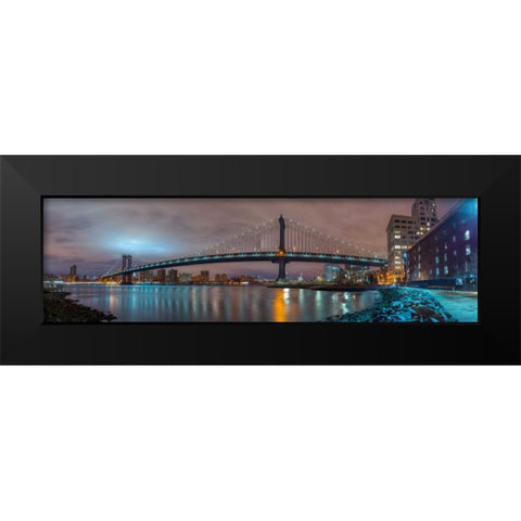 Manhattan bridge and New York city skyline Black Modern Wood Framed Art Print by Frank, Assaf