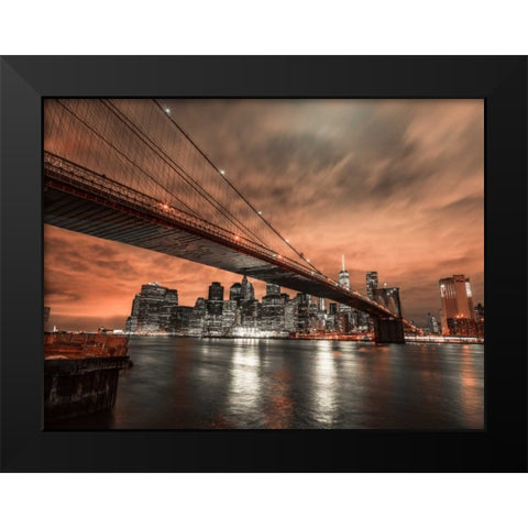 Brooklyn bridge over East river, New York Black Modern Wood Framed Art Print by Frank, Assaf