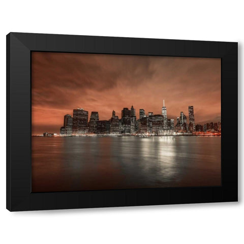 Lower Manhattan skyline in evening, New York Black Modern Wood Framed Art Print with Double Matting by Frank, Assaf
