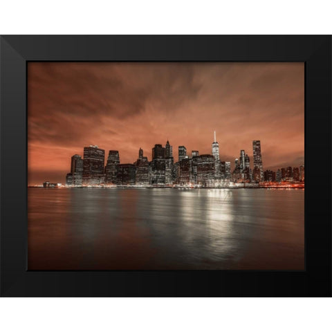 Lower Manhattan skyline in evening, New York Black Modern Wood Framed Art Print by Frank, Assaf