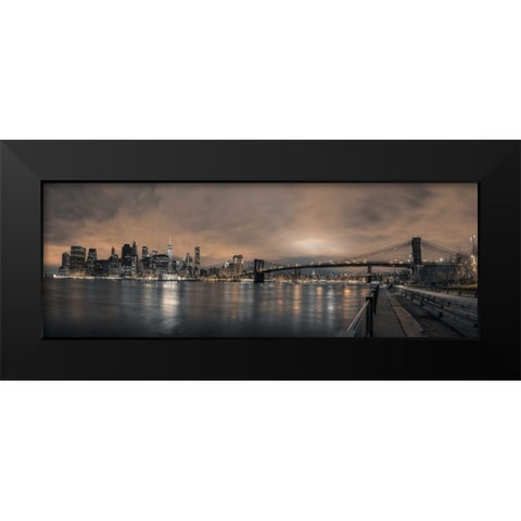 Lower Manhattan skyline in evening, New York Black Modern Wood Framed Art Print by Frank, Assaf