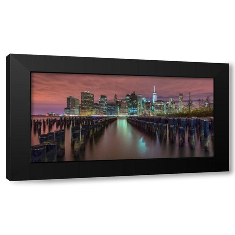 Manhattan skyline with rows of groynes in foreground, New York Black Modern Wood Framed Art Print with Double Matting by Frank, Assaf